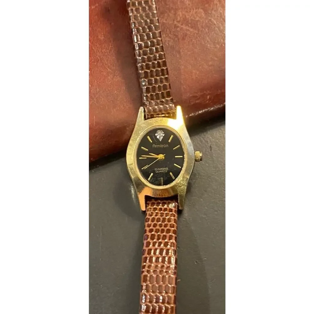 Women's 20mm Gold Tone Armitron Diamond Watch, Leather Band